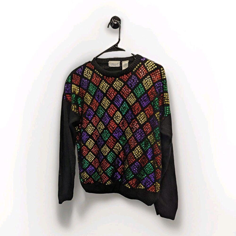 Vintage Black & Colorful Sequin Argyle Pullover Sweater 80s Grandmacore Medium